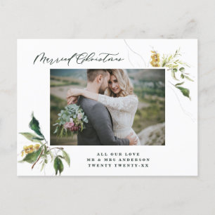 Married Christmas elegant botanical photo newlywed Holiday Postcard