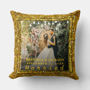 Married Christmas Elegant Gold Type Wedding Photo  Cushion