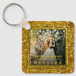 Married Christmas Elegant Gold Type Wedding Photo  Key Ring