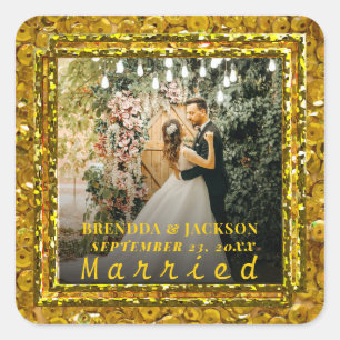 Married Christmas Elegant Gold Type Wedding Photo Square Sticker