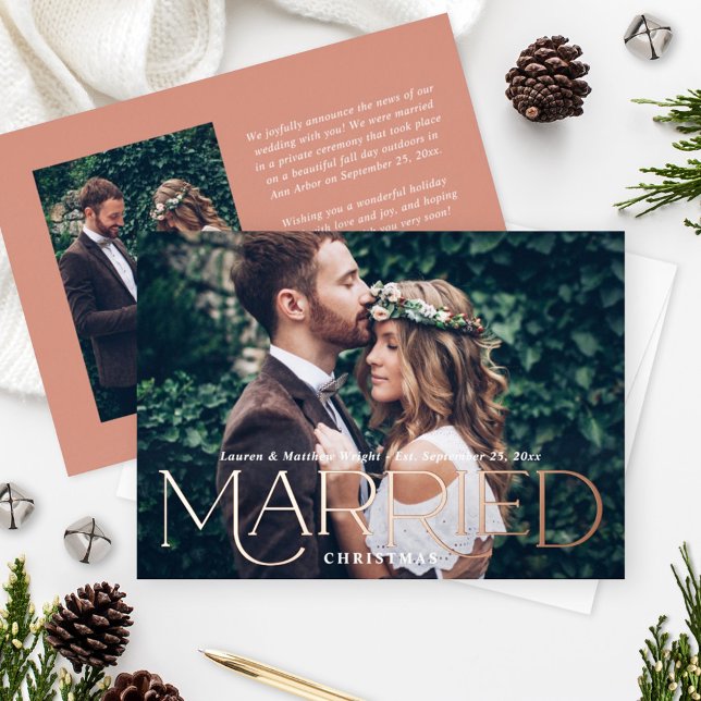 Married Christmas Elegant Rose Gold Wedding Photo Foil Holiday Card (Creator Uploaded)