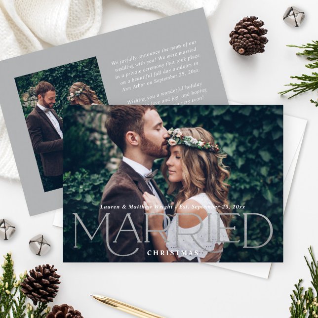 Married Christmas Elegant Silver Wedding Photo Holiday Card (Creator Uploaded)
