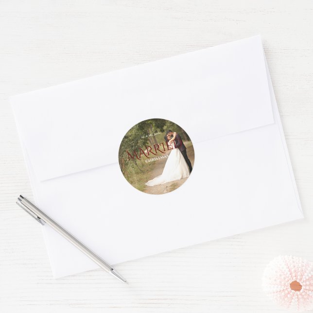 Married Christmas Elegant Wedding Photo  Classic Round Sticker (Married Christmas Elegant Wedding Photo  Classic Round Sticker)