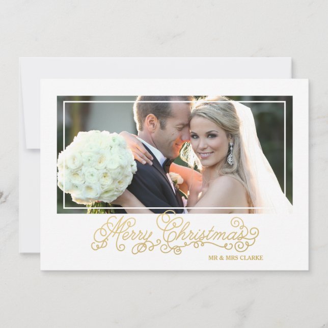 Married Christmas Gold Script Holiday Photo Card (Front)