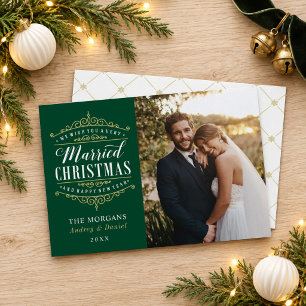Married Christmas Green Gold Crest Photo Holiday Card