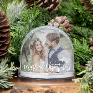 Married Christmas Modern Calligraphy Wedding Photo Snowglobe