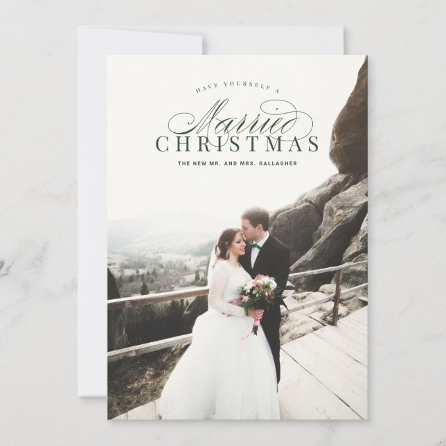 Married Christmas Newlywed Photo Card Green (Front)