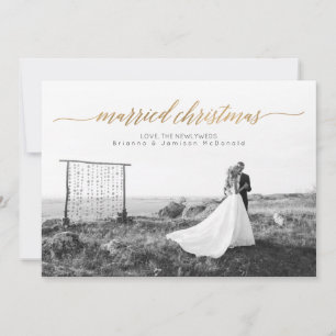 Married Christmas Newlywed Photo   Gold Holiday Card