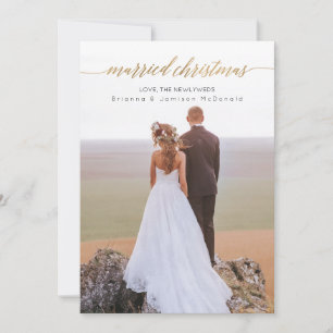 Married Christmas Newlywed Photo   Gold Holiday Card