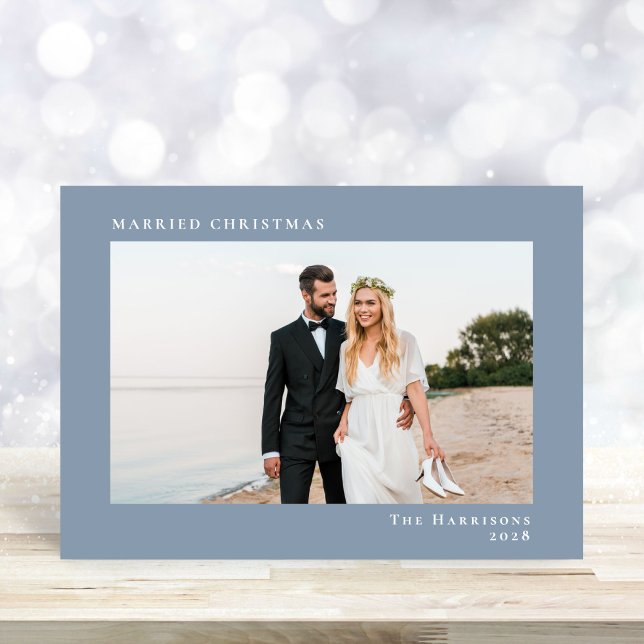 Married Christmas Photo Dusty Blue Holiday Card (A beautiful and unique way to announce your marriage to family and friends this holiday season)