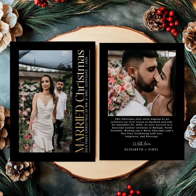 Married Christmas Photo Newlyweds Black & Gold Foil Holiday Card (Creator Uploaded)