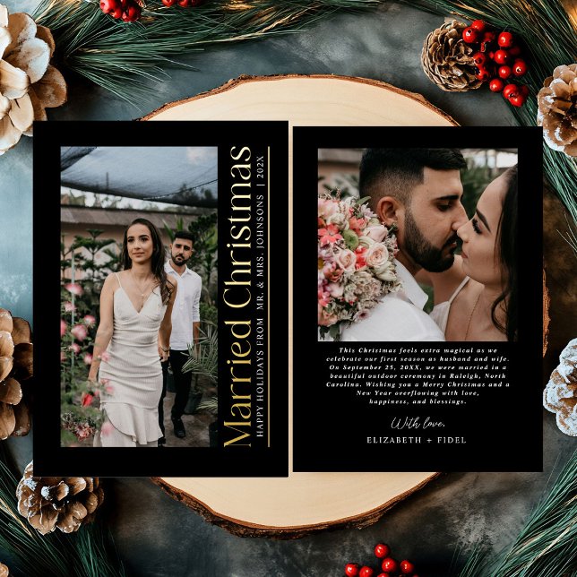 Married Christmas Photo Newlyweds Black & Gold Foil Holiday Card (Creator Uploaded)