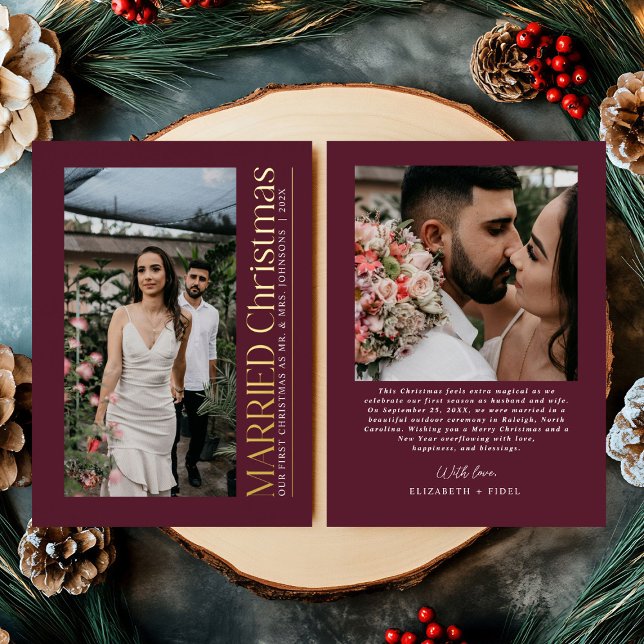 Married Christmas Photo Newlyweds Burgundy Foil Holiday Card (Creator Uploaded)