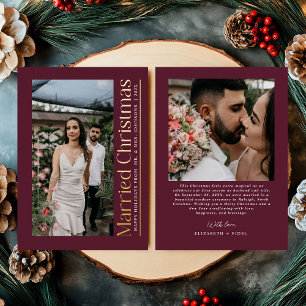 Married Christmas Photo Newlyweds Burgundy Foil Holiday Card