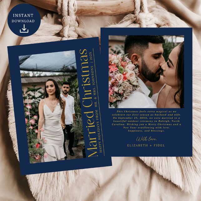 Married Christmas Photo Newlyweds Navy Blue Gold Holiday Card (Creator Uploaded)