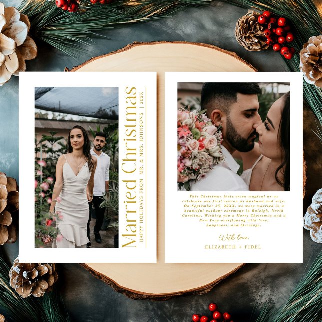 Married Christmas Photo Newlyweds White & Gold Holiday Card (Creator Uploaded)