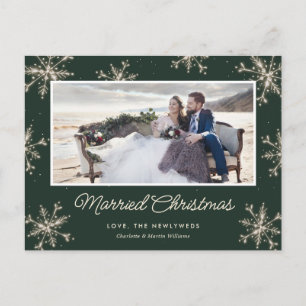 Married Christmas Snowflake Green Newlywed Photo Holiday Postcard