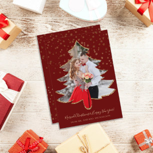 Married Christmas Tree Photo Gold Glitter Holiday Card