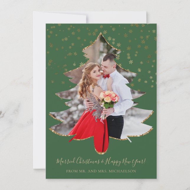 Married Christmas Tree Photo Gold Glitter Holiday  Card (Front)