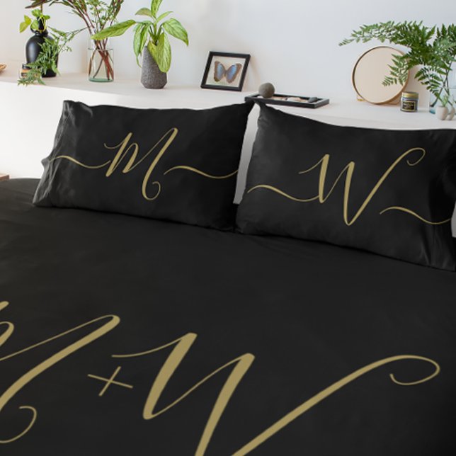 Married couple elegant initial monogram black gold pillowcase (Monogrammed pillow case set script black and gold.)