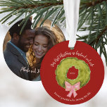 Married Couple First Christmas Keepsake Red Green Ornament<br><div class="desc">Our first Christmas as husband and wife personalised keepsake ornament with photo on the back. Created from a vintage inspired hand drawn watercolor wreath and bow.  Original art by Leslie Larson.</div>