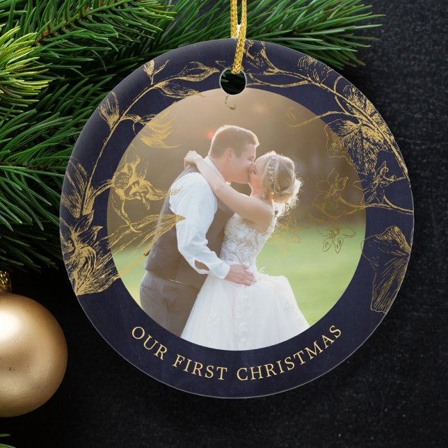 Married couple photo first Christmas elegant Ceramic Tree Decoration (Creator Uploaded)