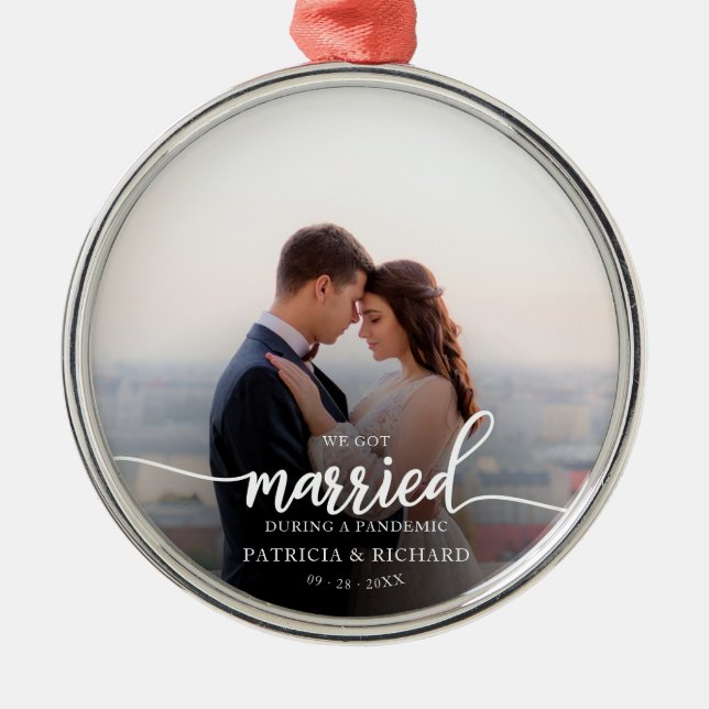 Married During a Pandemic Photo Elegant Script Metal Tree Decoration (Front)