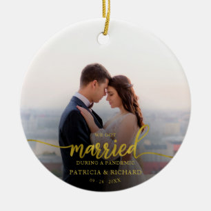 Married During a Pandemic Photo Gold Foil Script Ceramic Tree Decoration