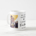 Married During a Pandemic | Two Photo Coffee Mug<br><div class="desc">This simple and stylish,  black and white mug says "We got married during a pandemic" in trendy black handwritten script,  and decorated with a scribbled heart. Add two of your personal wedding photos. A stylish way to reminisce and celebrate the good of this year!</div>