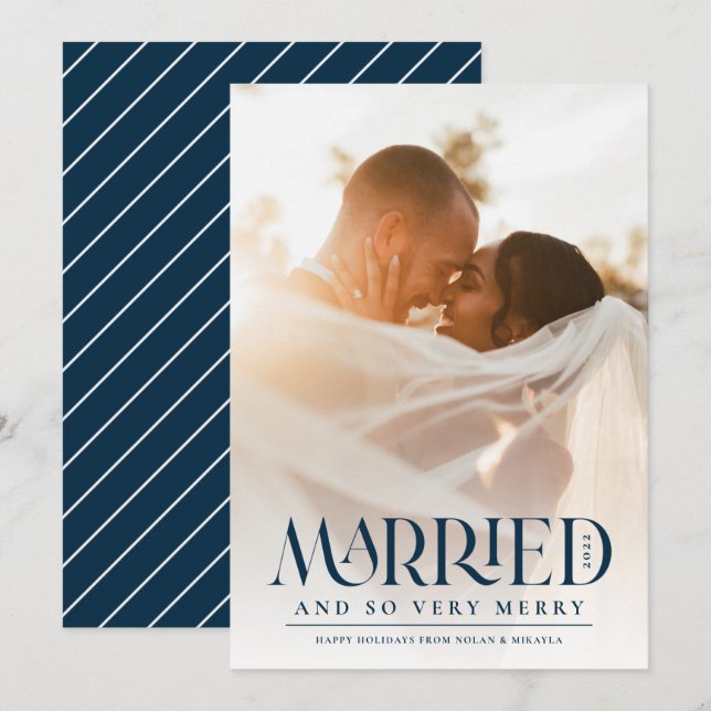 Married Elegant Navy Typography Photo Christmas  Holiday Card (Front/Back)