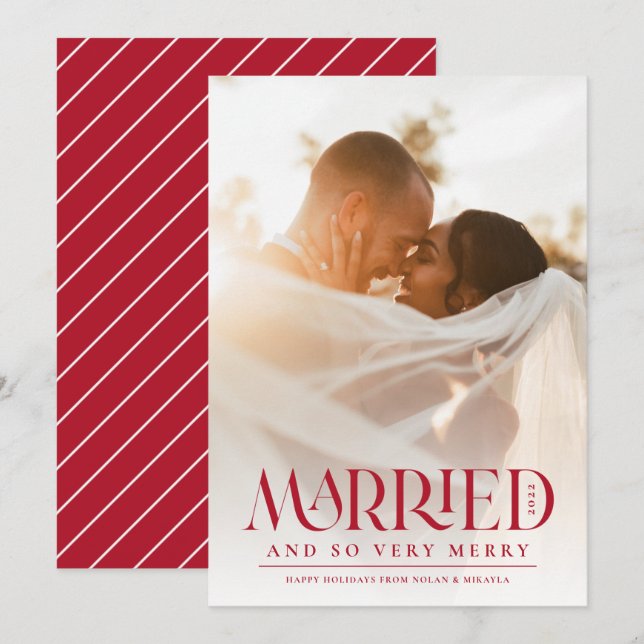 Married Elegant Red Typography Photo Christmas Holiday Card (Front/Back)