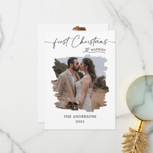 Married First Christmas Brushed Photo Wedding Thank You Card (Front/Back In Situ)