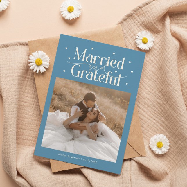 Married & Grateful Wedding Photo Denim Blue Thank You Card (Creator Uploaded)