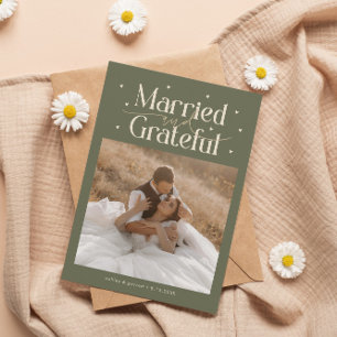 Married & Grateful Wedding Photo Sage Green Thank You Card