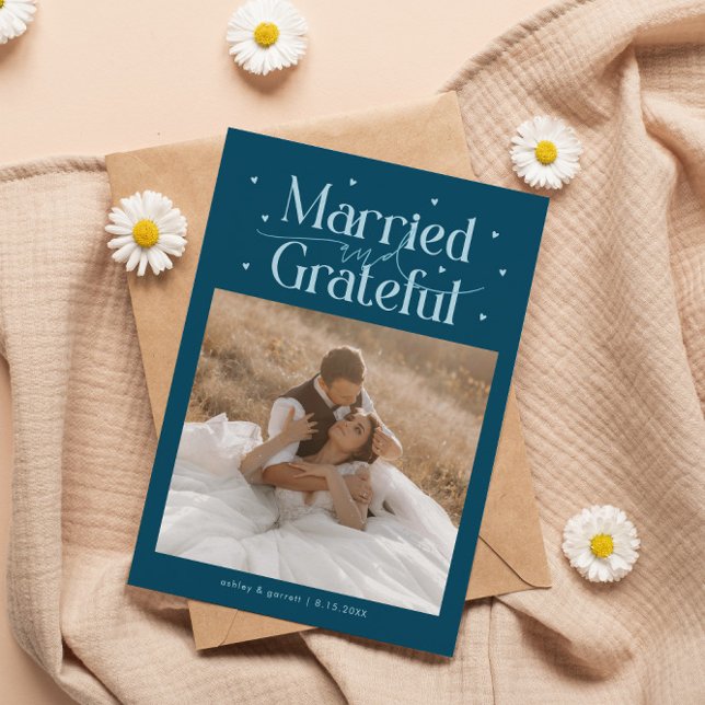 Married & Grateful Wedding Photo Teal Thank You Card (Creator Uploaded)