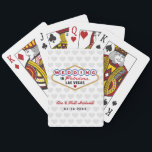 Married in Fabulous Las Vegas Hearts Grey Playing Cards<br><div class="desc">A colourful Married In Fabulous Las Vegas sign design in classic red, blue, and gold pops against a soft grey heart pattern background on these personalised wedding monogram playing cards. Couple names in red script and wedding date complete the keepsake design. All text is fully editable with your details. A...</div>
