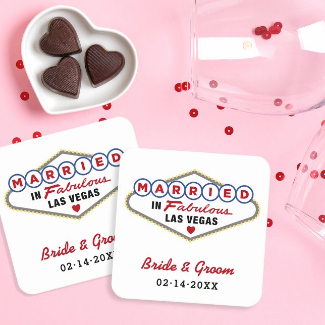 Married in Fabulous Las Vegas Red Wedding Monogram Square Paper Coaster (Creator Uploaded)