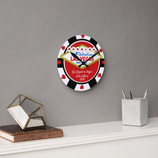 Married in Vegas Poker Chip Look Wall Clock