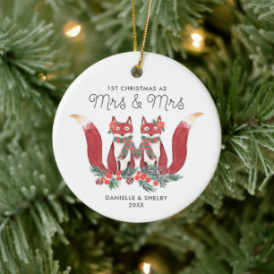 Married Lesbian Couple Personalised Festive Foxes Ceramic Tree Decoration