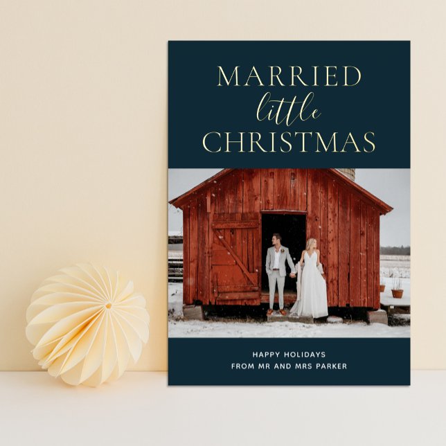 Married Little Christmas Blue Gold Script Photo Foil Holiday Card (Creator Uploaded)