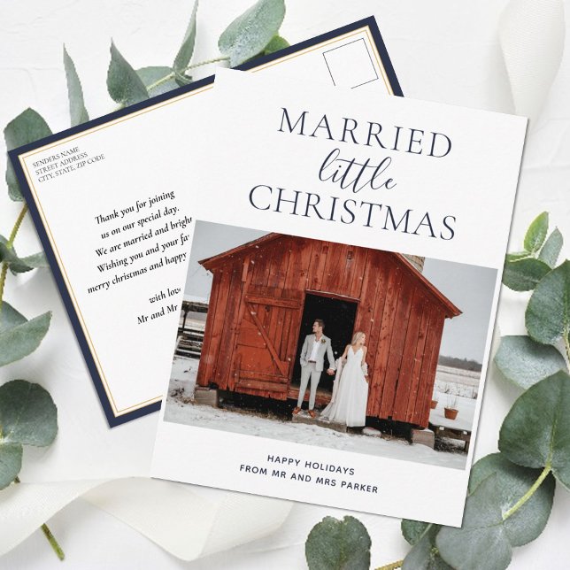 Married Little Christmas Blue Script Modern Photo Holiday Postcard (Creator Uploaded)
