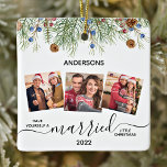 Married Little Christmas Newlyweds 3 Photo Ceramic Ornament<br><div class="desc">Have Yourself a Married Little Christmas! Decorate your tree or send a special gift with this super cute personalised custom newlywed couple photo holiday ornament. Add your favourite photos and personalise with name and year. Ornament is double sided, duplicate design both sides. COPYRIGHT © 2020 Judy Burrows, Black Dog Art...</div>