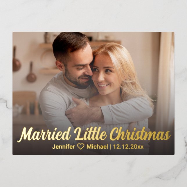 married little Christmas!wedding photo gold chic Foil Holiday Postcard (Front)