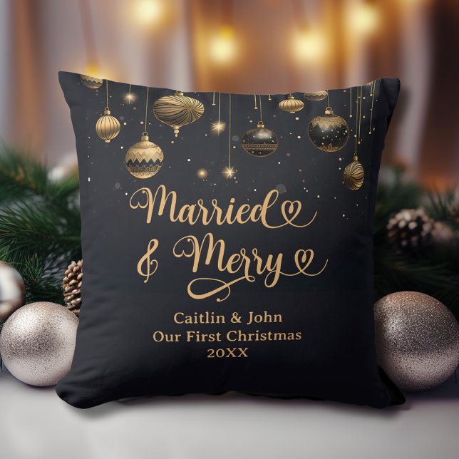 Married Merry 1st Christmas Newlywed Gold Black Cushion (Married & Merry Newlyweds 1st Christmas Pillow. Black & Gold Ornaments, Couple's Names, Wedding Date)