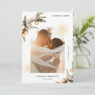 Married & Merry 2 Photo Gold Snowflake Christmas Holiday Card