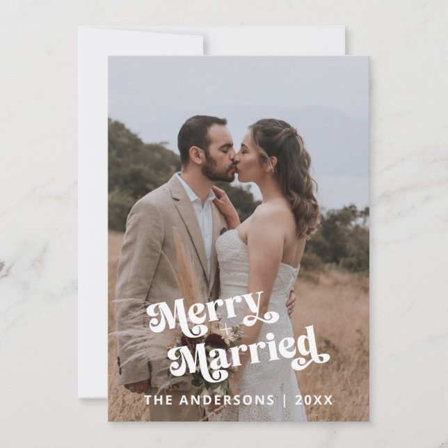 Married Merry 2 Photos Wedding Christmas Thank You Card (Front)