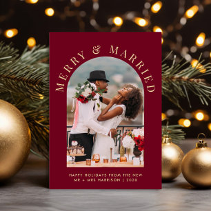 Married Merry Arch Photo Burgundy Gold Christmas Holiday Card