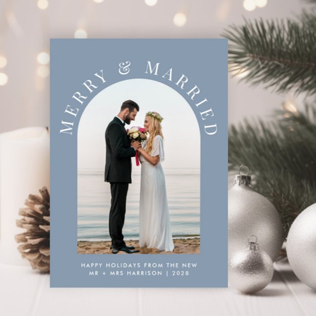 Married Merry Arch Photo Dusty Blue Christmas Holiday Card (A beautiful and unique photo card to announce your marriage to family + friends this holiday season)