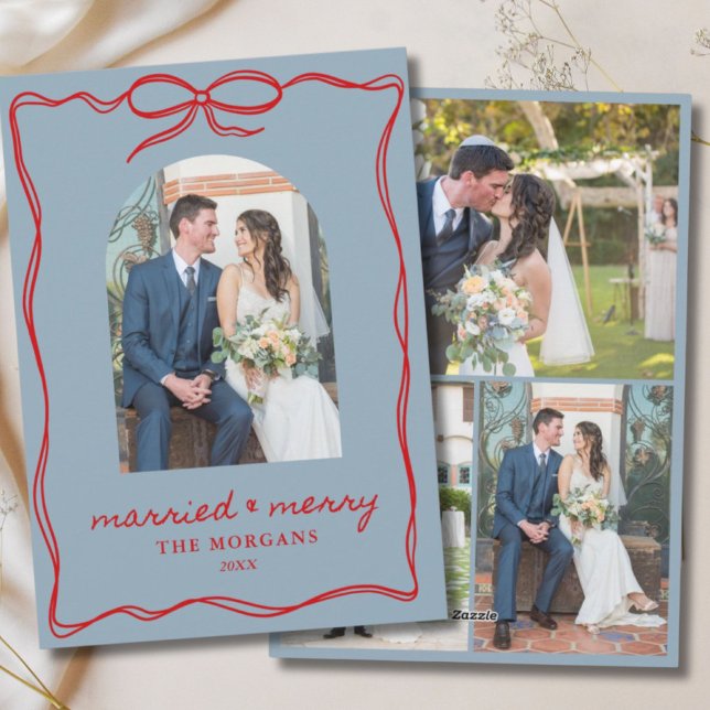 Married & Merry Blue Red Christmas Bow Wedding Holiday Card (Married & Merry Blue Red Christmas Bow Wedding Holiday Card
)