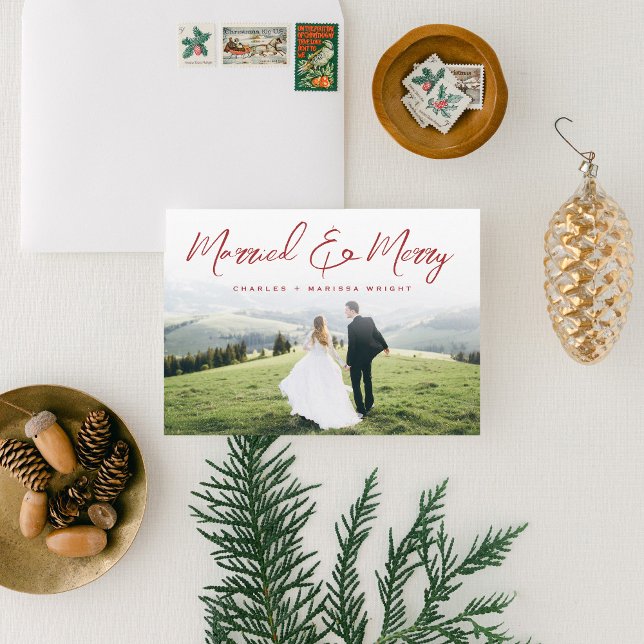 Married & Merry Brush Script Christmas Full Photo Holiday Card (Creator Uploaded)